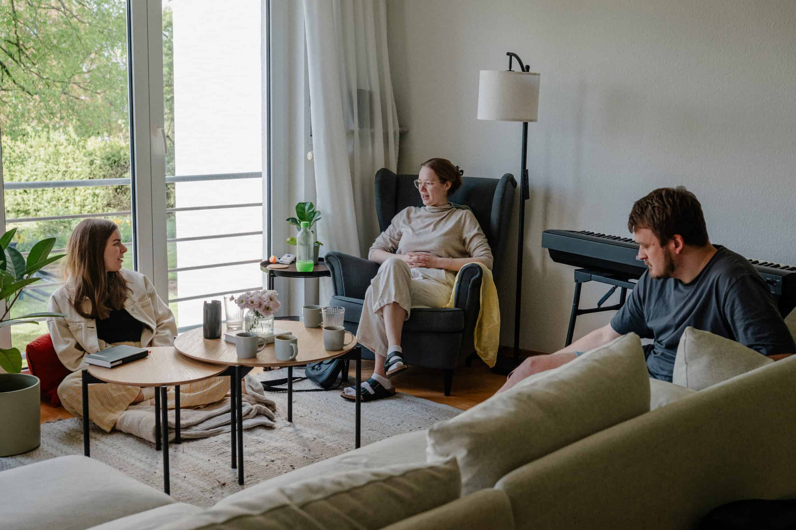 mosaik.tagung2025 Entspannte Besprechung in modernem Wohnzimmer mit Musikinstrumenten, Pflanzen, großen Fenstern und gemütlicher Atmosphäre in einem stilvollen Zuhause.